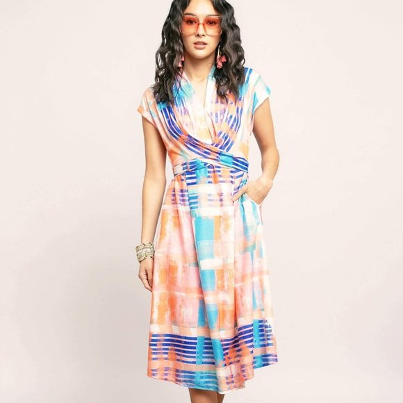 Eva Franco Poppy Wrap Knit Summer Dress Multi Color Plaid - Picture 2 of 6